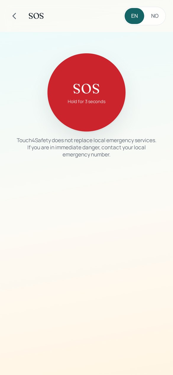 Touch4Safety SOS screen with a large red hold-to-send button