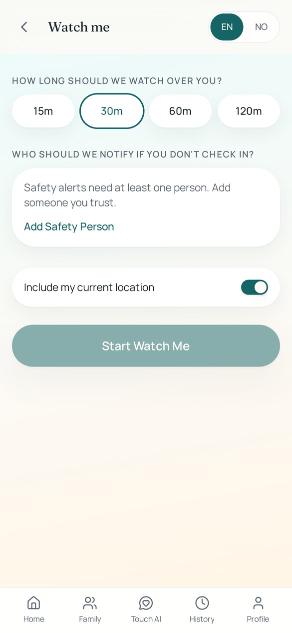 Touch4Safety Watch me screen with duration choices and location toggle