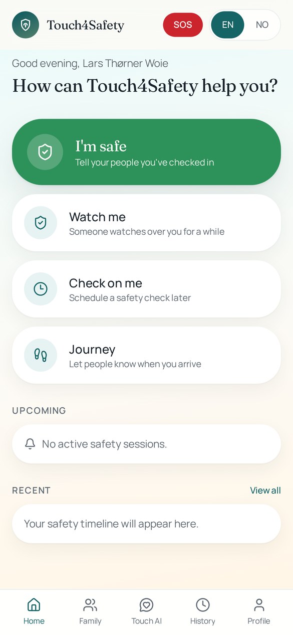 Touch4Safety home screen on a phone with I'm safe, Watch me, Check on me and Journey
