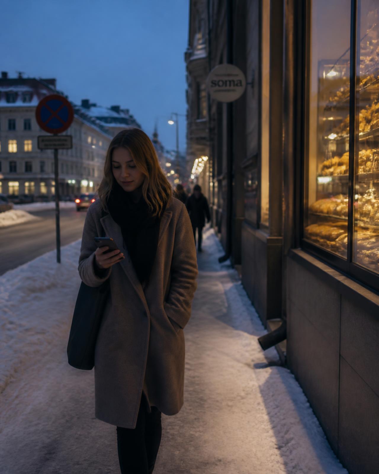 A woman checking her safety app while walking past lit shop windows on a snowy street