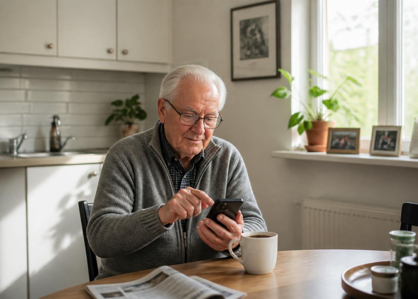 An older man in a bright kitchen confirming on his phone that he is fine