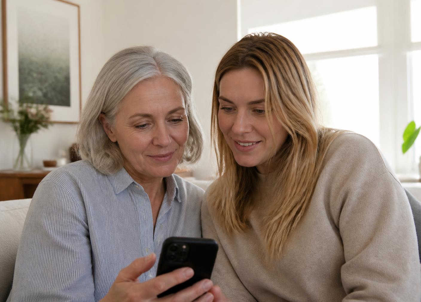 A mother and her adult daughter looking together at a phone in a bright living room