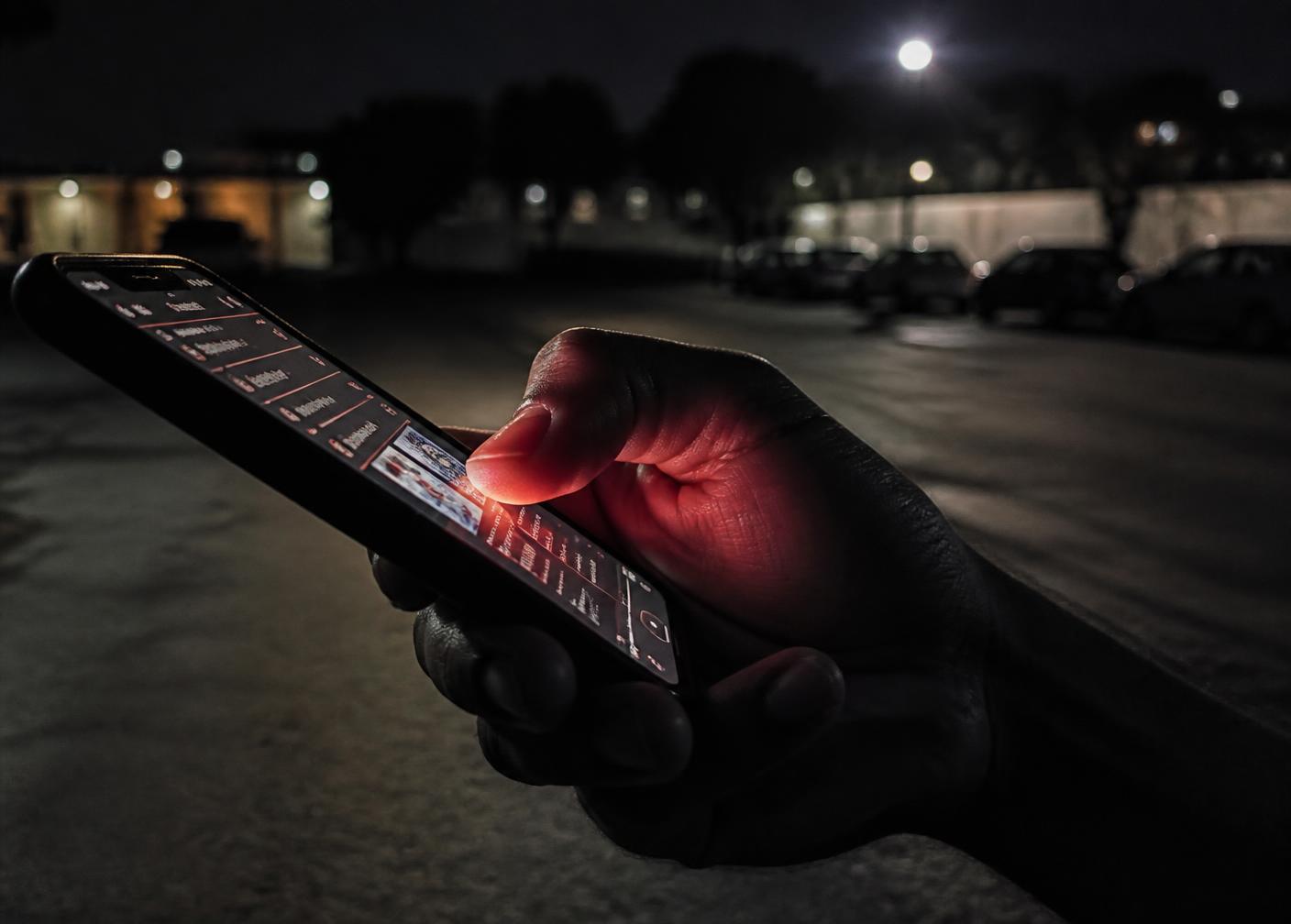 A hand holding a thumb down on a glowing phone screen outdoors at night