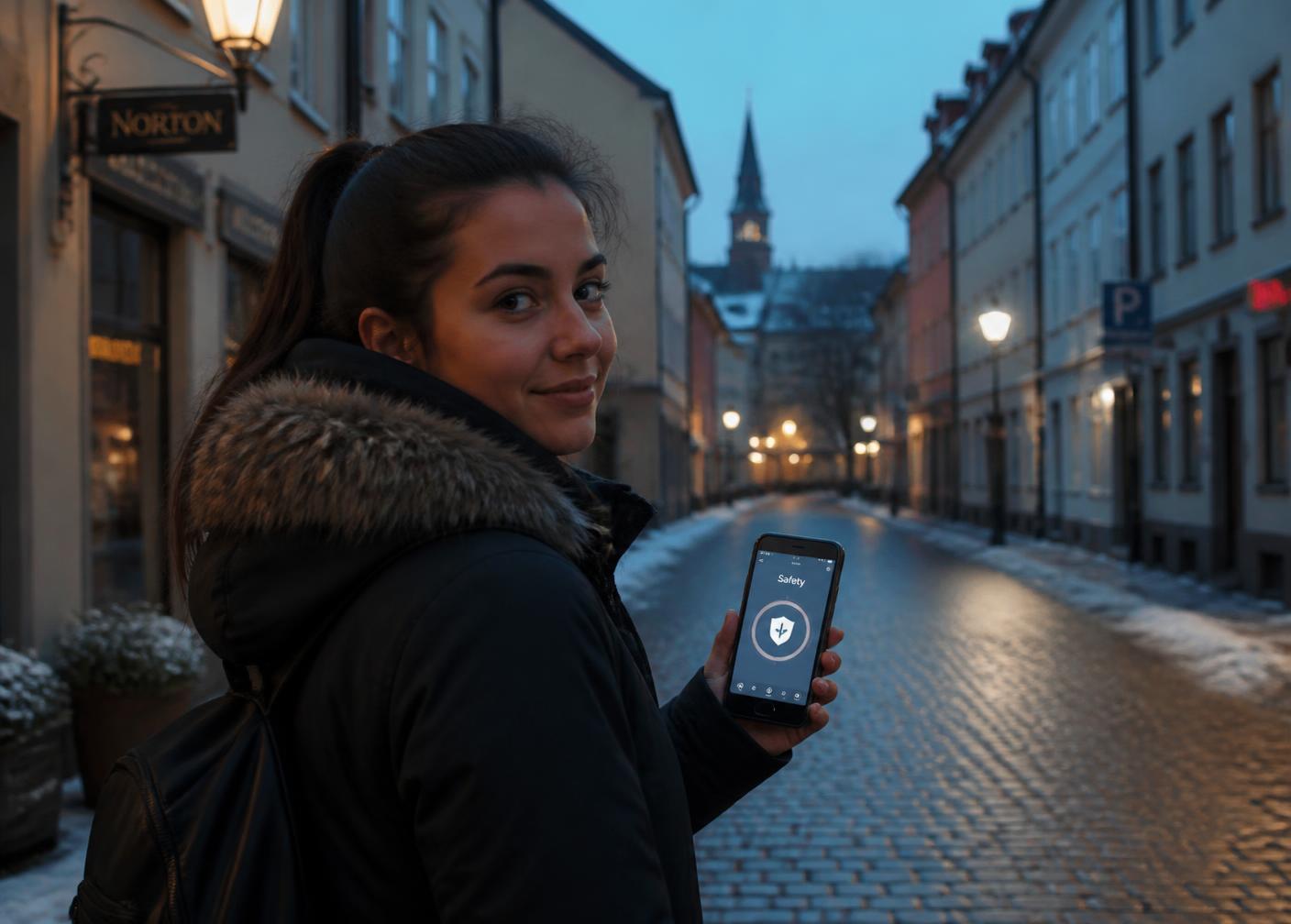 A woman walking home on a quiet Nordic street at dusk, checking her safety app
